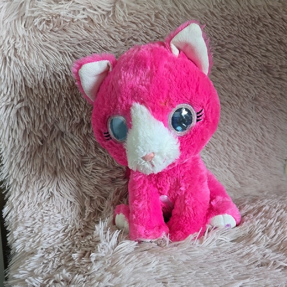 Bright Eyes Charming Pink and White Plush Cat Toy with Glittery Eyes 10 in